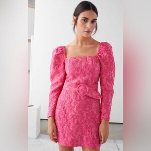 NWT & OTHER STORIES Pink Jacquard Puff Sleeve Mini Dress Belted Size 2
